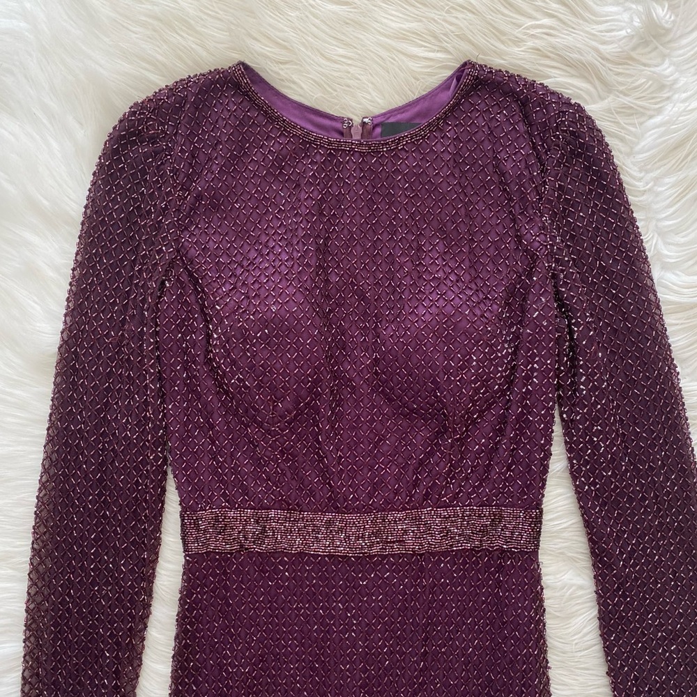 Mac Duggal Purple Plum Lattice Beaded Long Sleeve Modest Formal Midi Dress - Picture 3 of 16